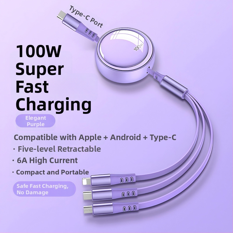 Kábel do auta 3 v 1 s výsuvným dátovým káblom pre Apple a Huawei, s konektormi Lightning, Micro USB a Type-C, dĺžka 1–2 m.