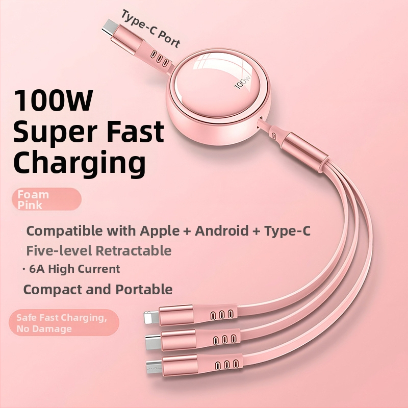 Kábel do auta 3 v 1 s výsuvným dátovým káblom pre Apple a Huawei, s konektormi Lightning, Micro USB a Type-C, dĺžka 1–2 m.