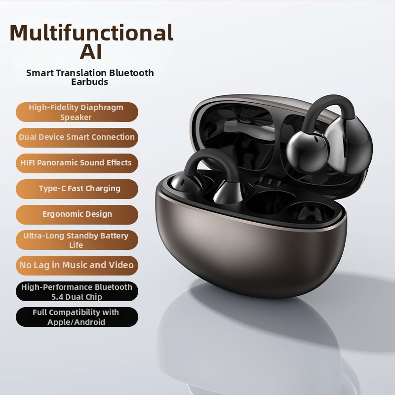 TWS slušalice s klipom za uho, metalno kućište, ultra duga baterija, AI prijevod, Bluetooth, za sport