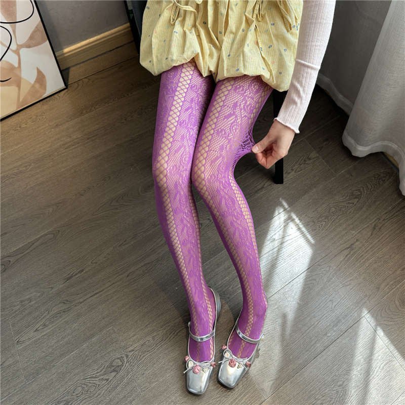 Purpurne hulahopke s retro izrezima i čipkastim jacquard uzorkom, tanke, za žene