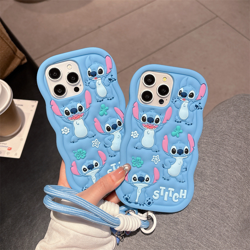 Plavi silikon kućište Stitch za iPhone 11–17 Pro Max s zakrivljenim rubovima i zaštitom od pada