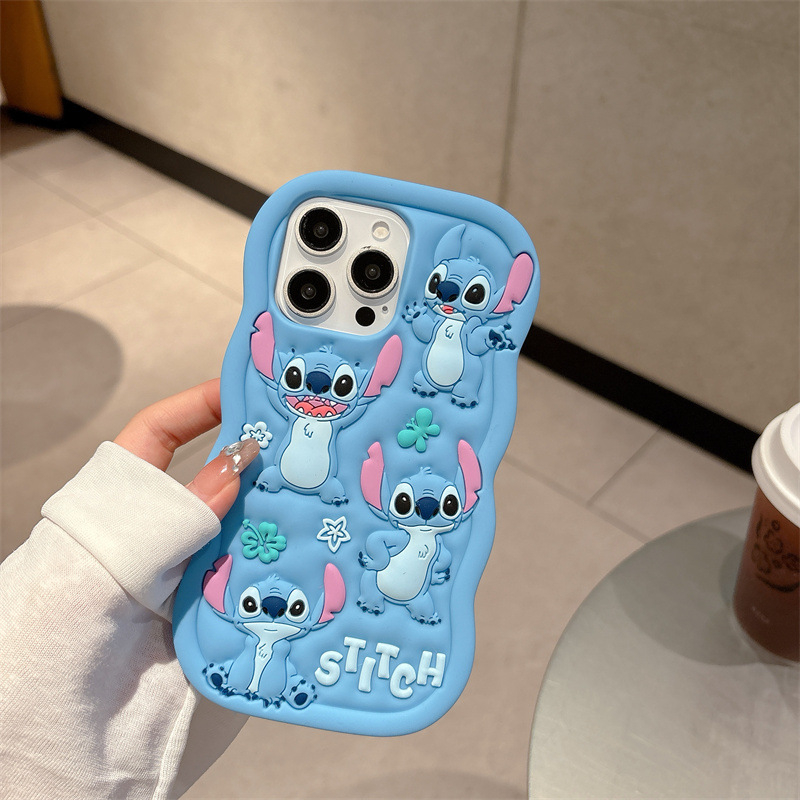 Plavi silikon kućište Stitch za iPhone 11–17 Pro Max s zakrivljenim rubovima i zaštitom od pada