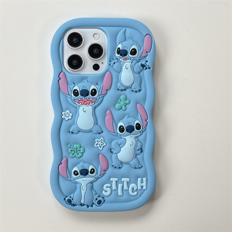 Plavi silikon kućište Stitch za iPhone 11–17 Pro Max s zakrivljenim rubovima i zaštitom od pada