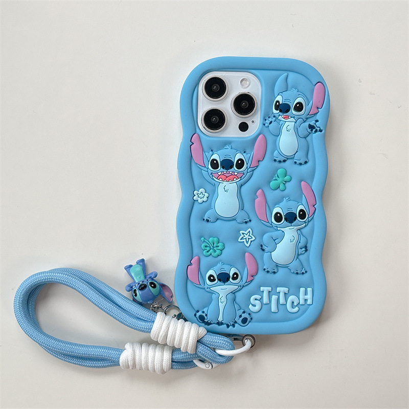 Plavi silikon kućište Stitch za iPhone 11–17 Pro Max s zakrivljenim rubovima i zaštitom od pada