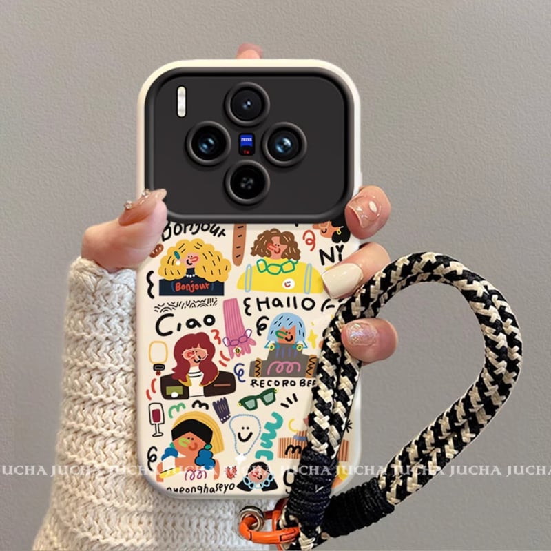 Husă din silicon pentru Vivo X200 / X100 Pro, cu lanț, design inspirat de Instagram, fată graffiti X90