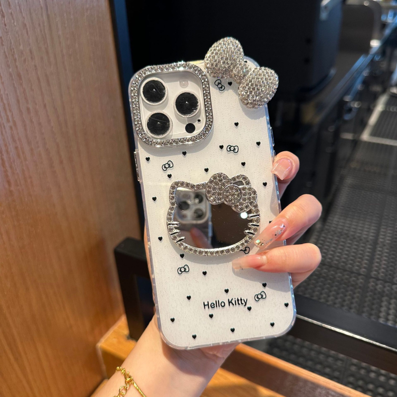 Ogledalo s dijamantnim okvirom i svjetlucavim mačjim motivom, kompatibilno s kućištem za iPhone 15/Pro Max, prozirni silikon, dizajn mašne