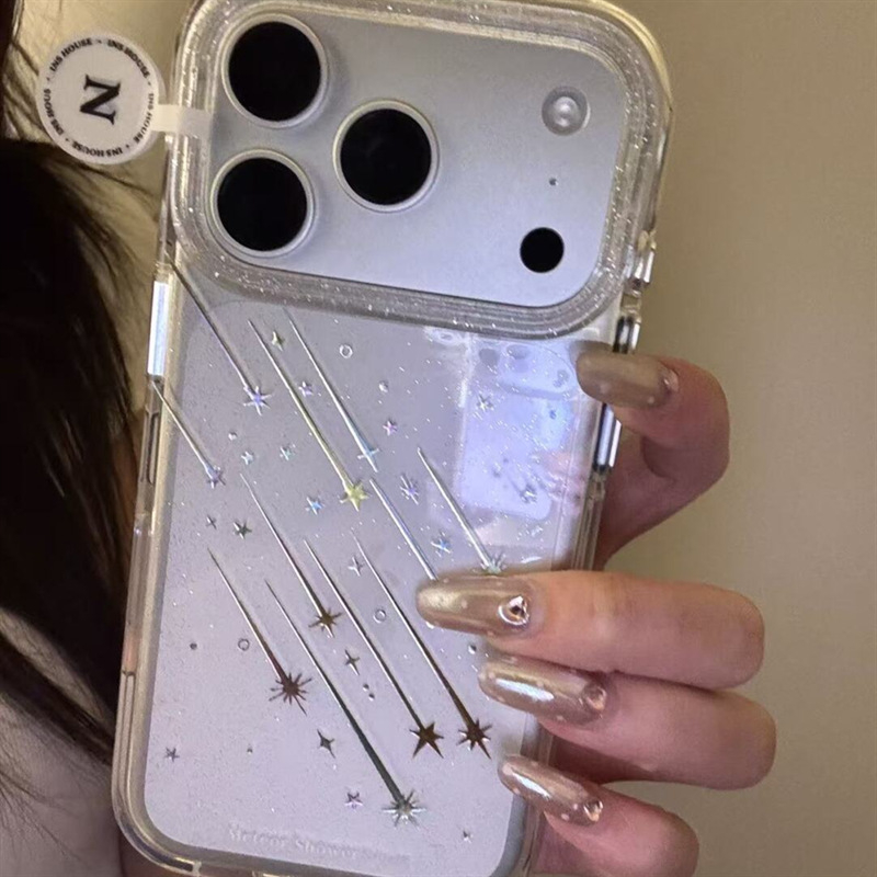 Husă de protecție pentru iPhone cu pulbere glitter aurie, spate transparent, ploaie meteor colorată; compatibilă cu seriile iPhone 13/14 (Pro, Pro Max)
