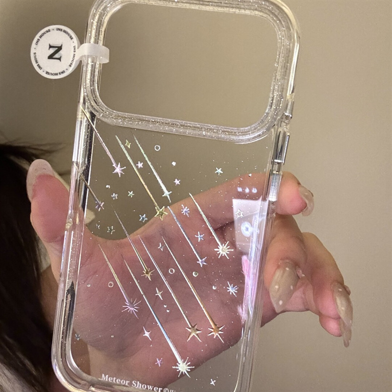 Husă de protecție pentru iPhone cu pulbere glitter aurie, spate transparent, ploaie meteor colorată; compatibilă cu seriile iPhone 13/14 (Pro, Pro Max)