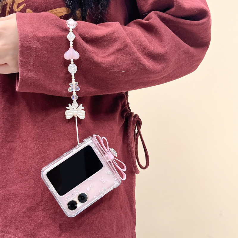 Stil coreean, imprimeu floral Instagram, husă PC cu fundă în formă de inimă pentru OPPO Find N3/2Flip cu ecran pliabil