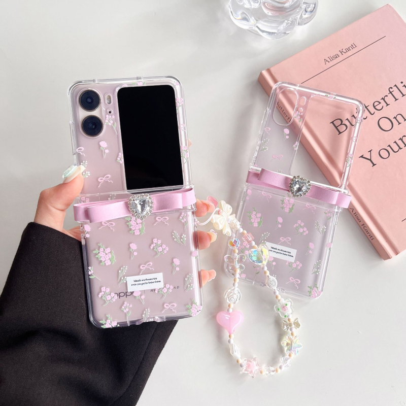 Stil coreean, imprimeu floral Instagram, husă PC cu fundă în formă de inimă pentru OPPO Find N3/2Flip cu ecran pliabil