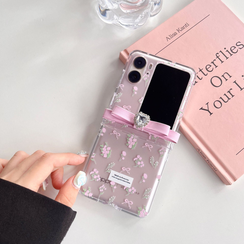 Stil coreean, imprimeu floral Instagram, husă PC cu fundă în formă de inimă pentru OPPO Find N3/2Flip cu ecran pliabil
