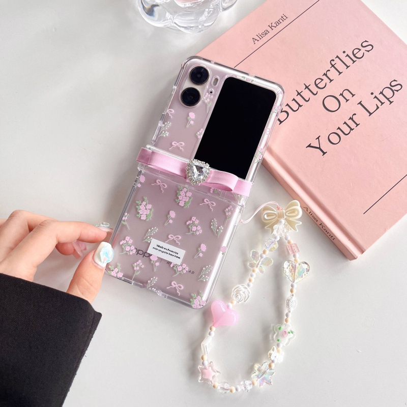 Stil coreean, imprimeu floral Instagram, husă PC cu fundă în formă de inimă pentru OPPO Find N3/2Flip cu ecran pliabil