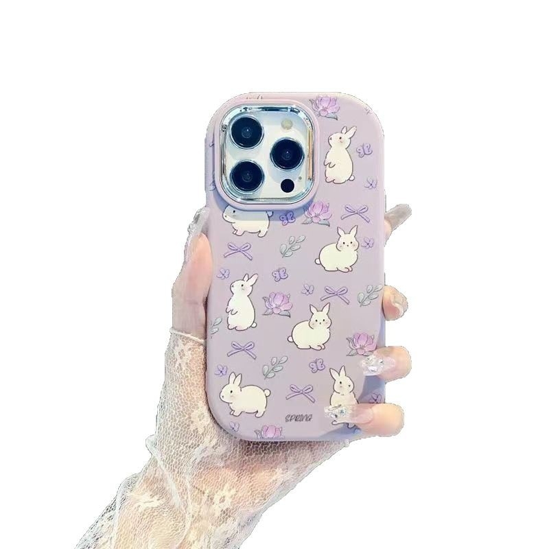 Husă duală în stil coreean cu iepure mov pentru iPhone 13/14 și iPhone 15 Pro