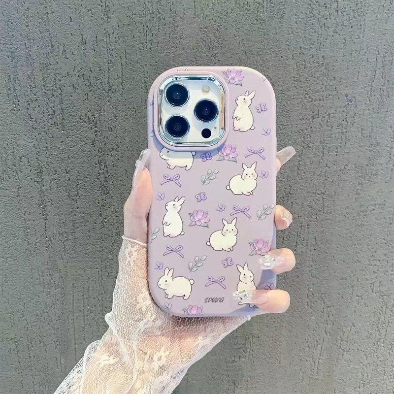 Husă duală în stil coreean cu iepure mov pentru iPhone 13/14 și iPhone 15 Pro