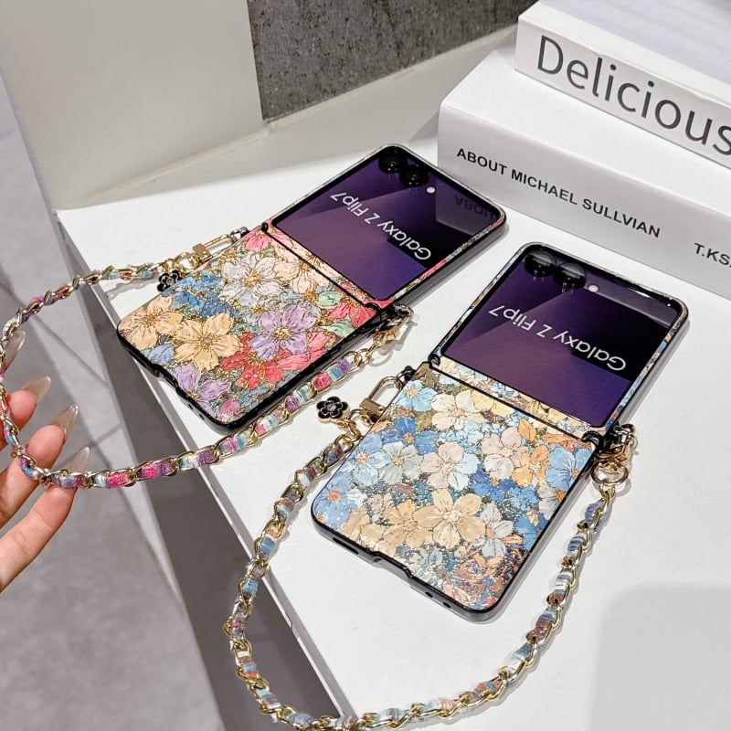 Kryt za Samsung Z Flip7 s zlatnim vintage dizajnom cvijeća za Z Flip4/5/6 – Plava