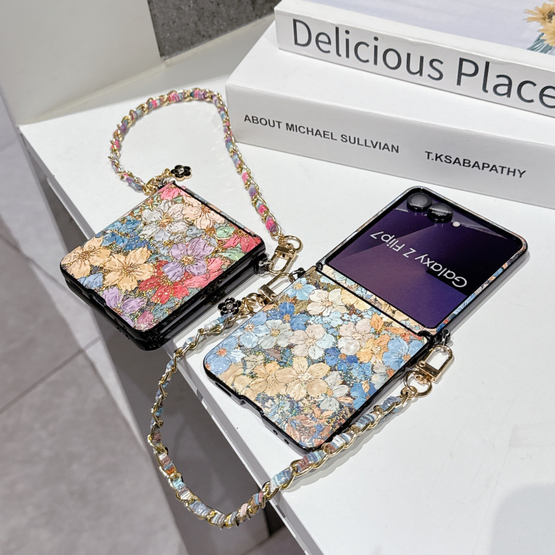 Kryt za Samsung Z Flip7 s zlatnim vintage dizajnom cvijeća za Z Flip4/5/6 – Plava