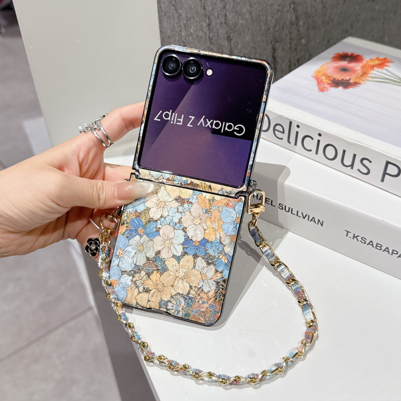 Kryt za Samsung Z Flip7 s zlatnim vintage dizajnom cvijeća za Z Flip4/5/6 – Plava