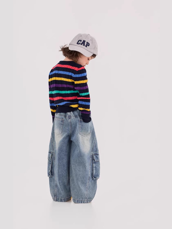Gyerekeknek készült denim cargo nadrág, koreai–japán stílus, 80% pamut, tavasz–ősz 2026