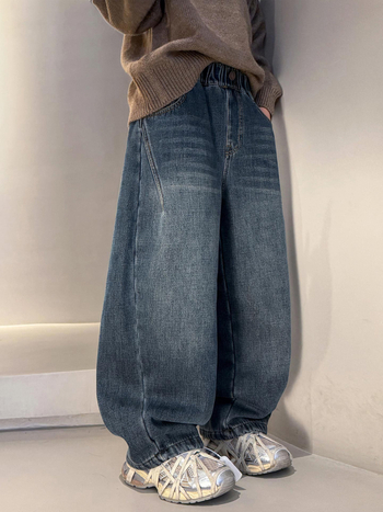 Fiúknak téli fleece-bevonatú farmernadrág, 2025 új modell nagyobb gyerekeknek
