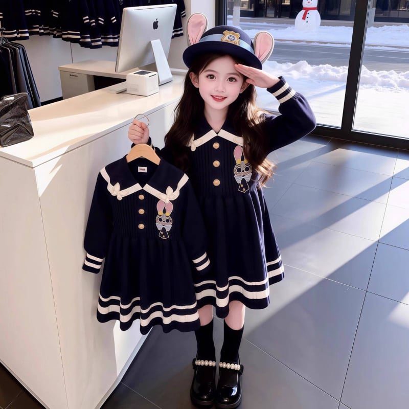 Djevojačka jesenska pletena haljina, model 2026, haljina Judy Rabbit policajac, akademski stil