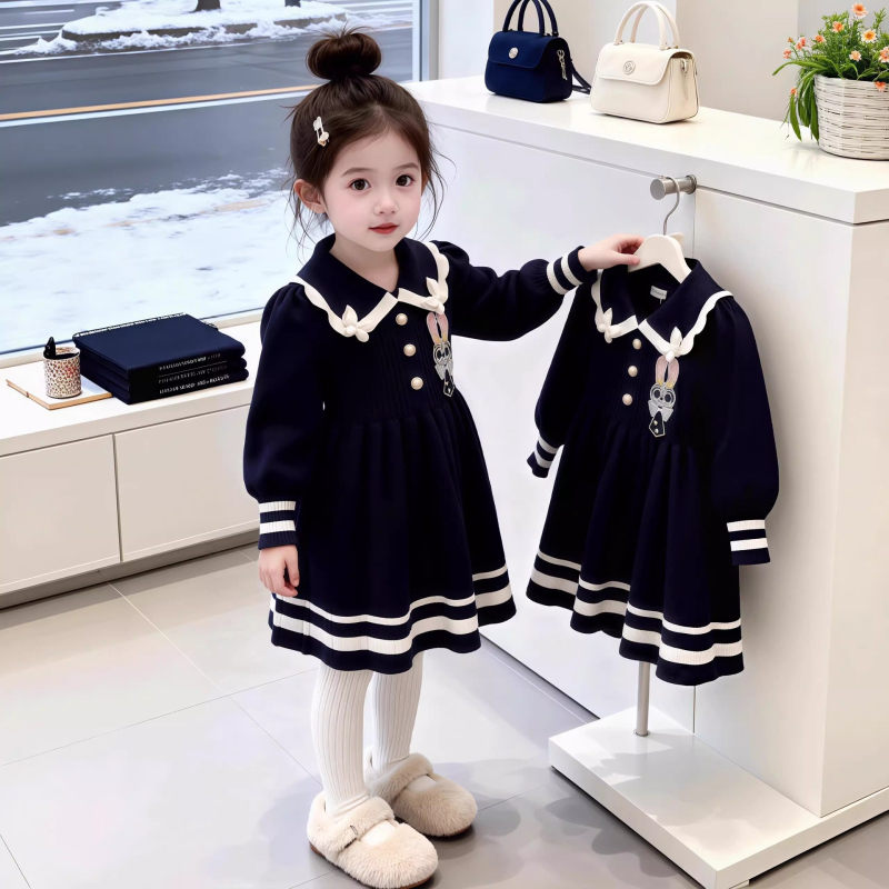 Djevojačka jesenska pletena haljina, model 2026, haljina Judy Rabbit policajac, akademski stil