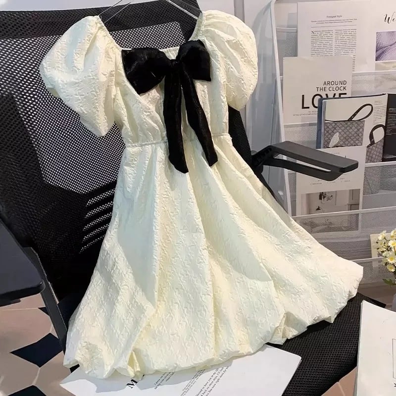 Dječja ljetna haljina za princezu s mašnom, kratkih rukava, jednobojna boja, modni sladak stil