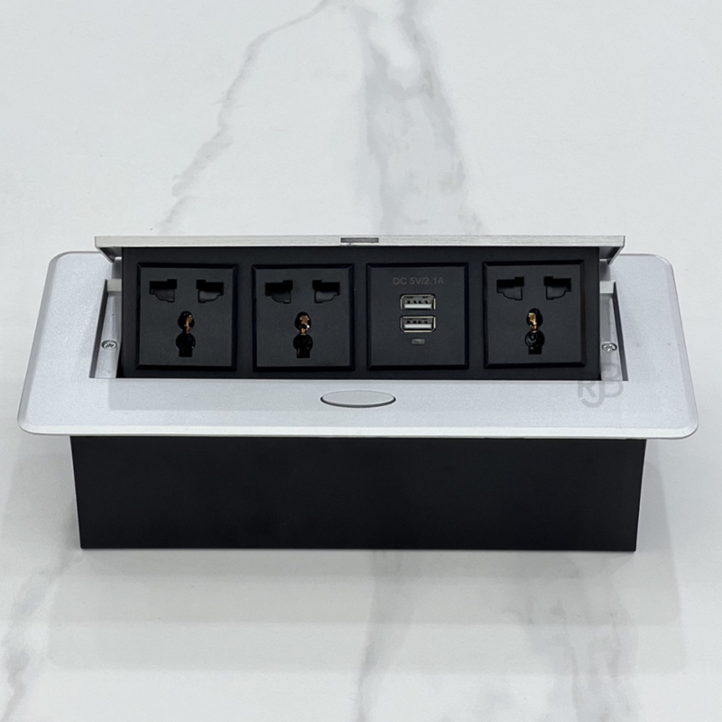 Beépített asztali konnektor, kihúzható megoldás, USB töltés, irodai értekezletekhez, szállodákban és otthoni használatra