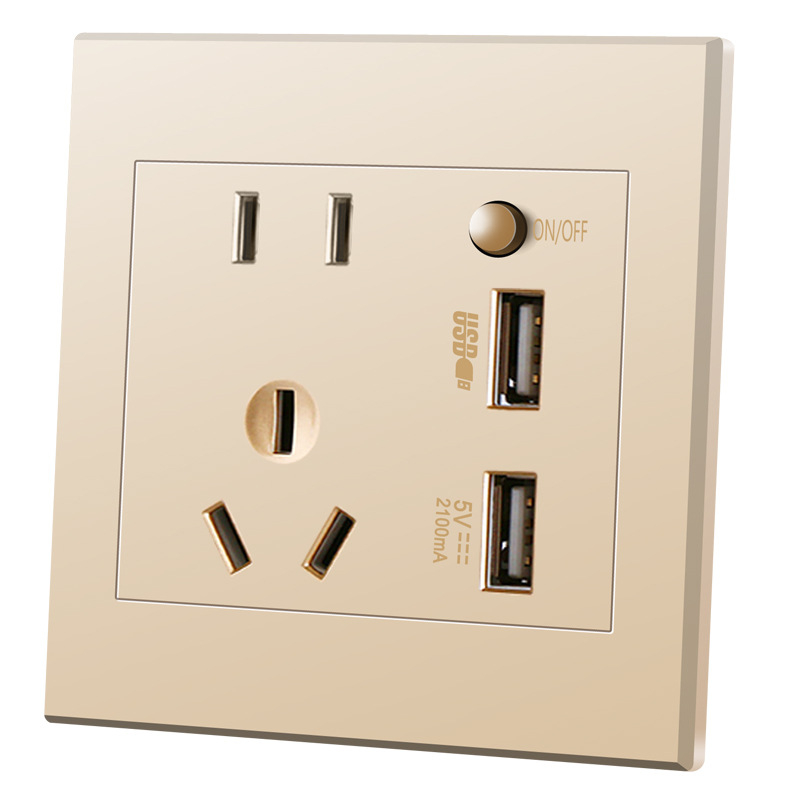 Skrivenu zidnu ploču tipa 86 s pet otvora i dva USB priključka, napajanje 220V na 5V, 2.1A, za kućnu uporabu.
