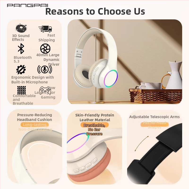P102 Bluetooth slušalice s LED osvjetljenjem, bežične, preko ušiju, trajanje baterije 4–8 sati, Bluetooth 5.3