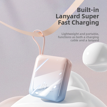 Kompaktna power banka s ugrađenim kabelom, gradijentna boja, brzo punjenje od 22,5 W, kapacitet 20000 mAh.