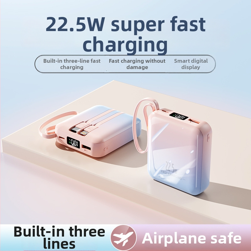 Kompaktna power banka s ugrađenim kabelom, gradijentna boja, brzo punjenje od 22,5 W, kapacitet 20000 mAh.