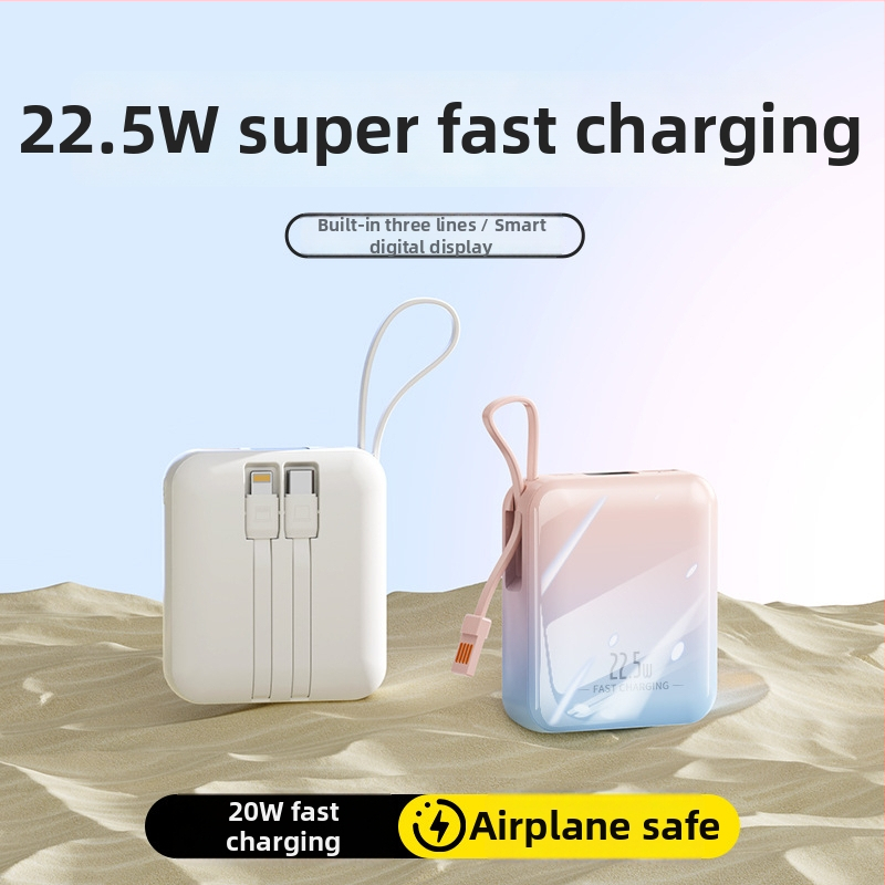 Kompaktna power banka s ugrađenim kabelom, gradijentna boja, brzo punjenje od 22,5 W, kapacitet 20000 mAh.