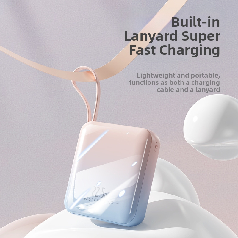 Kompaktna power banka s ugrađenim kabelom, gradijentna boja, brzo punjenje od 22,5 W, kapacitet 20000 mAh.