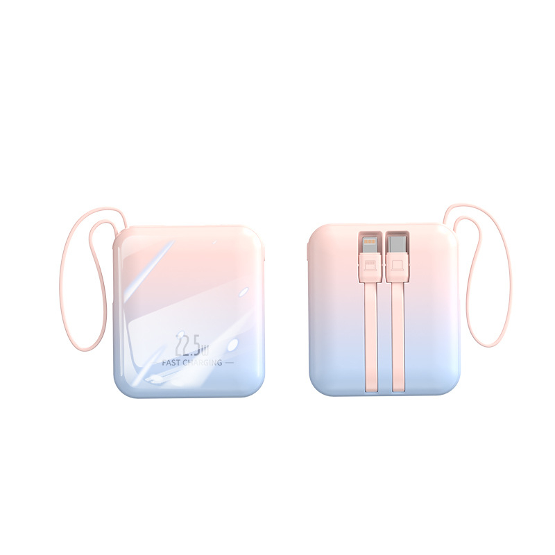 Kompaktna power banka s ugrađenim kabelom, gradijentna boja, brzo punjenje od 22,5 W, kapacitet 20000 mAh.