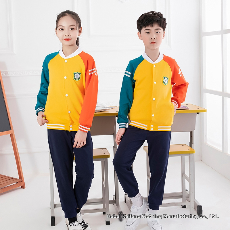 Unisex set školských unifori z bavlny s baseballovým golierom, top s dlhým rukávom a nohavice pre základnú školu, jar–jeseň, jasná farba