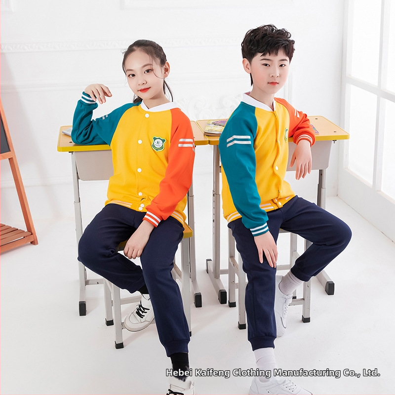 Unisex set školských unifori z bavlny s baseballovým golierom, top s dlhým rukávom a nohavice pre základnú školu, jar–jeseň, jasná farba