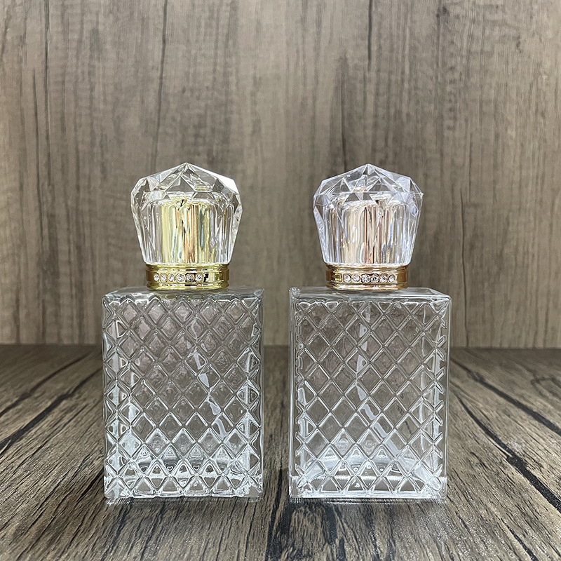 50 ml átlátszó üvegparfümös flakon csavaros kupakkal és rácsos mintával, újratölthető permetező üveg, üres üveg