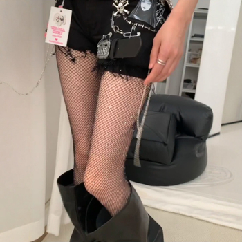 Crne mrežaste čarape s kristalima za žene, tanke za proljeće-ljeto, seksi noge, prozirne
