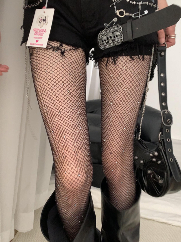 Crne mrežaste čarape s kristalima za žene, tanke za proljeće-ljeto, seksi noge, prozirne