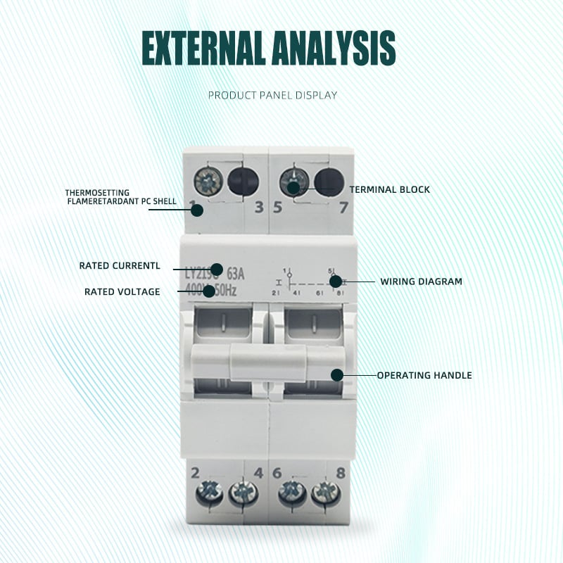 63A MTS двойно захранване, ръчен превключвател за прехвърляне с интерлок, DIN релса, защита от късо съединение, 1P2P3P4P