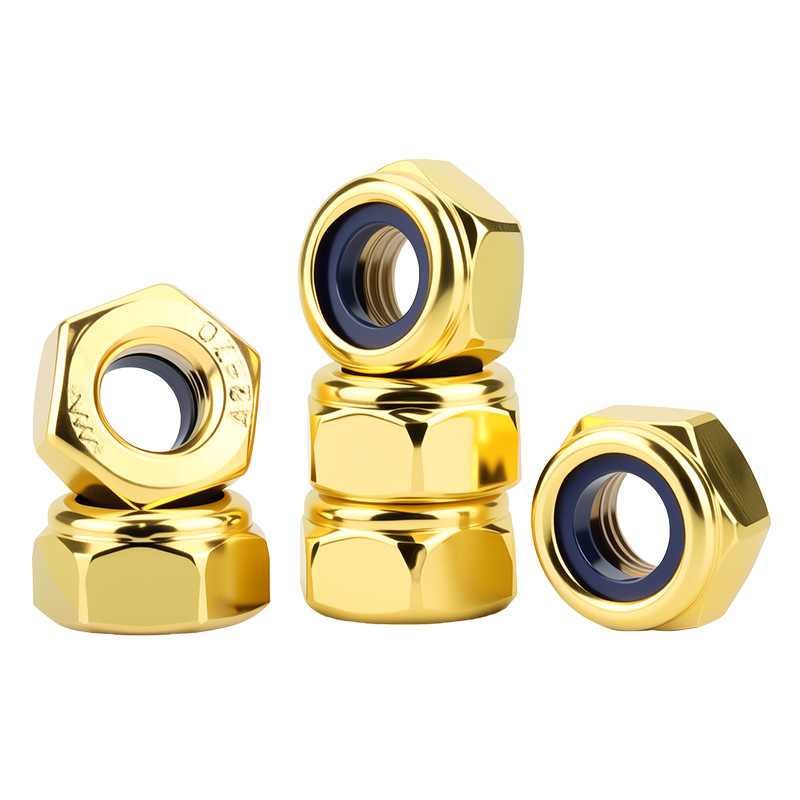 304 rozsdamentes acél hatszögletű lazulás elleni anya titan-gold felülettel, záró sapkával, méretek M2, M2.5, M3, M4, M5, M6, M8, M10