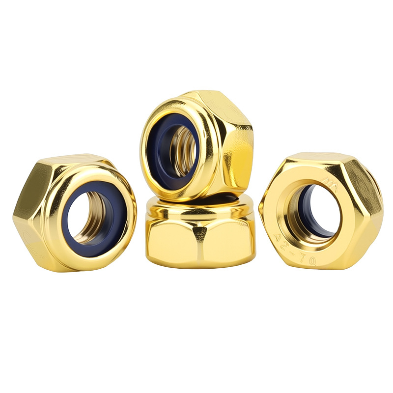 304 rozsdamentes acél hatszögletű lazulás elleni anya titan-gold felülettel, záró sapkával, méretek M2, M2.5, M3, M4, M5, M6, M8, M10