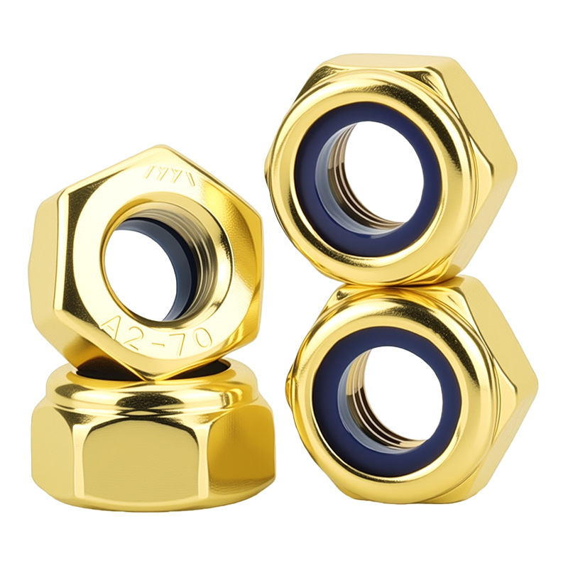 304 rozsdamentes acél hatszögletű lazulás elleni anya titan-gold felülettel, záró sapkával, méretek M2, M2.5, M3, M4, M5, M6, M8, M10
