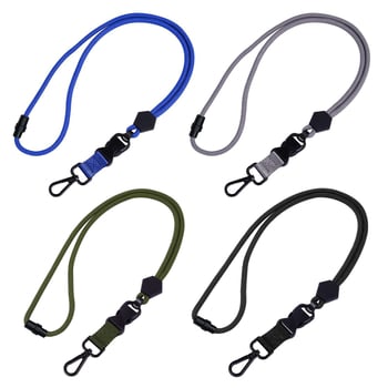 Crni teški lanyard s šesterokutnim metalnim kukom, podesivim remenom, sigurnosnom i odvojivom kopčom — za telefon i identifikacijsku karticu