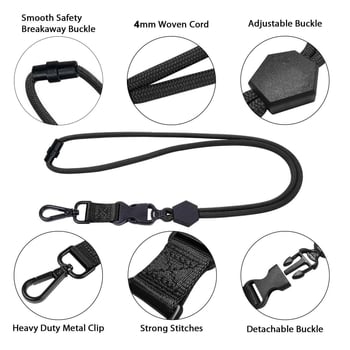 Crni teški lanyard s šesterokutnim metalnim kukom, podesivim remenom, sigurnosnom i odvojivom kopčom — za telefon i identifikacijsku karticu
