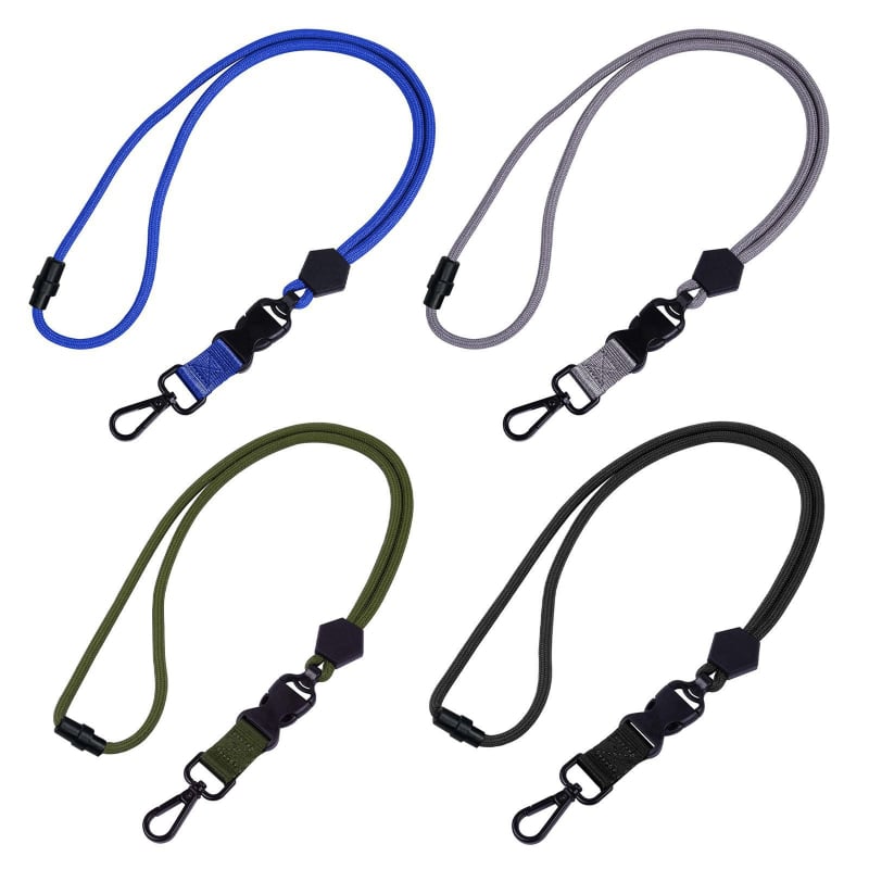 Crni teški lanyard s šesterokutnim metalnim kukom, podesivim remenom, sigurnosnom i odvojivom kopčom — za telefon i identifikacijsku karticu