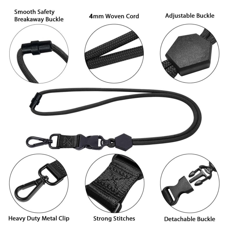Crni teški lanyard s šesterokutnim metalnim kukom, podesivim remenom, sigurnosnom i odvojivom kopčom — za telefon i identifikacijsku karticu