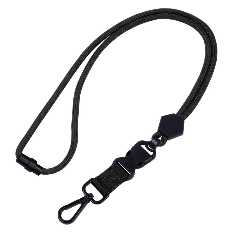 Crni teški lanyard s šesterokutnim metalnim kukom, podesivim remenom, sigurnosnom i odvojivom kopčom — za telefon i identifikacijsku karticu