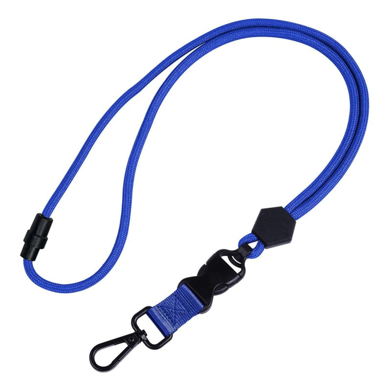 Crni teški lanyard s šesterokutnim metalnim kukom, podesivim remenom, sigurnosnom i odvojivom kopčom — za telefon i identifikacijsku karticu