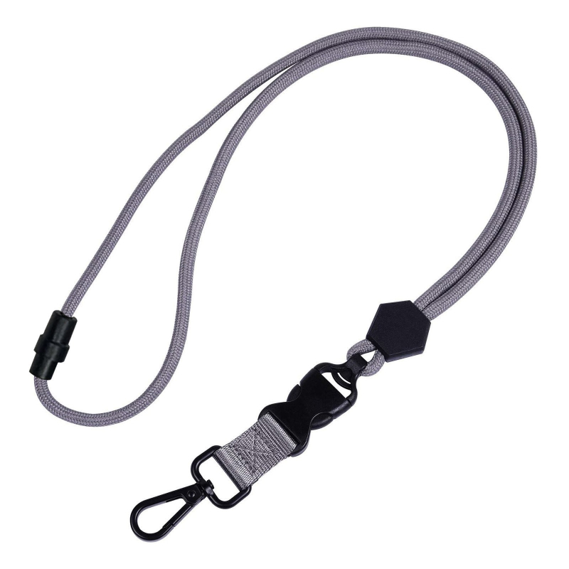Crni teški lanyard s šesterokutnim metalnim kukom, podesivim remenom, sigurnosnom i odvojivom kopčom — za telefon i identifikacijsku karticu
